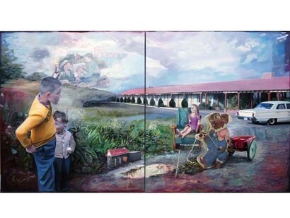 Frédéric Deprun, La maison au bord du lac, 2014, Oil on Canvas, 51" x 94"