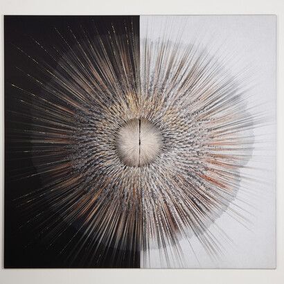 Diaz & Hengst, Burst, 2023, porcelain sculptures on printed fabric and mixed media, 78x83.5x5 inches. Courtesy of Leila Heller Gallery