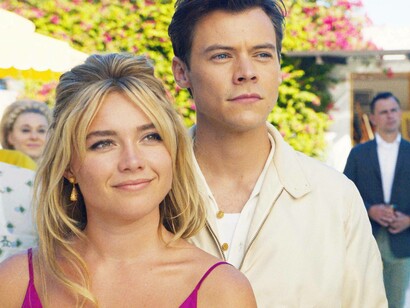 Florence Pugh and Harry Styles in a scene from the film Don't Worry Darling