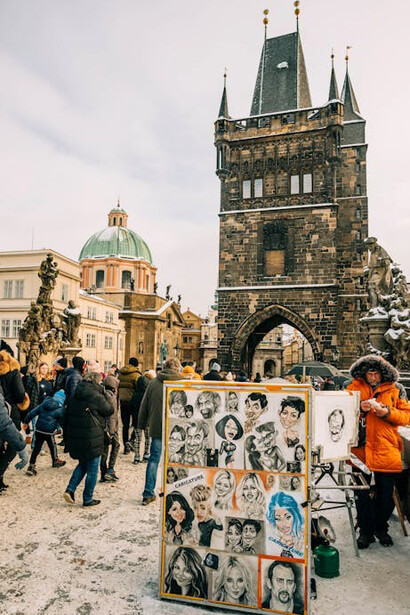 Located in the heart of Prague, the Charles Bridge is a historic stone structure adorned with baroque statues, dating back to the 14th century, Czechia