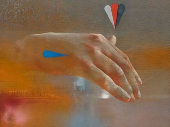 Aaron Holz, Hand (for Horace Greeley) 1-13 (13), oil, acrylic & resin on panel; reclaimed wood, 19.5” x 21”