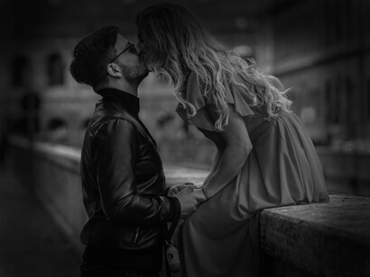 Two people in love on the streets of Rome, Italy