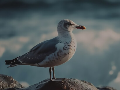 Poised on a solitary rock, a seagull captures the spirit of untethered freedom within the boundless embrace of nature