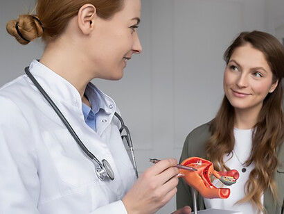 Doctor and patient with anatomical uterus and ovary model in medical consultation