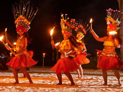 Females doing a traditional dance in Bora Bora, French Polynesian islands