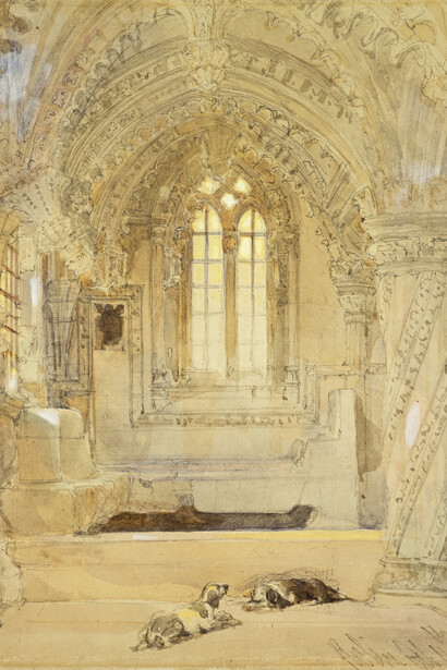 David Roberts, The Interior of Rosslyn Chapel 1842, Pencil and watercolour with yellow and blue-white heightening on light brown paper, 25.50 x 35.10 cm, Scottish National Gallery collection