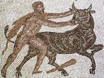 Ercole combatte contro il leone di Nemea, mosaico, Lliria, Spagna