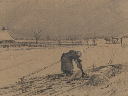 Vincent van Gogh, Contadina che spala letame in un campo innevato, Matita, penna a inchiostro nero-bruno su carta a grana fine, cm 20,7 x 28,7, 1883 Kröller-Müller Museum © Kröller-Müller Museum