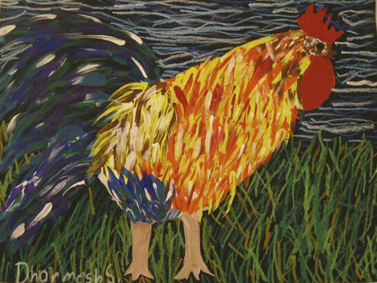 The Red Rooster, Dharmesh Seenanan, Age 9, Grade 3, P.S. 161, Queens, Art Teacher: Debbie Rich, Tempera and oil pastel on paper. Courtesy New York City Department of Education