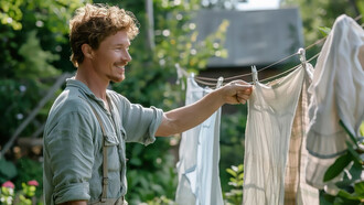 A man doing laundry, his self-cleaning t-shirts refresh themselves