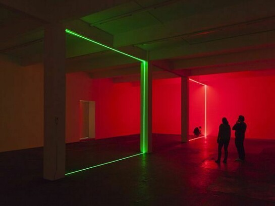 Haroon Mirza , Digital Switchover, 2012, Installation View, Kunst Halle Sankt Gallen, St.Gallen, 2012, 1 x control box, 4 x active speakers, 1 x relay, 1 x DVD player, 1 x TFT monitor, LEDs, foam. Courtesy the artist and Kunst Halle Sankt Gallen, Photo Gunnar Meier, © Haroon Mirza