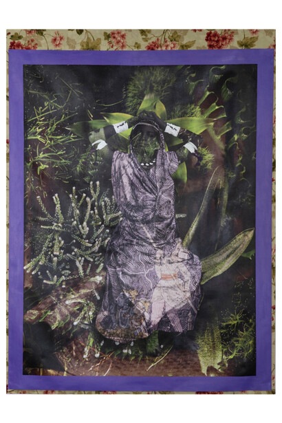 Renluka Maharaj, Radha, 2022, pigmented ink print, cotton fabric, thread, acrylic paint, acrylic marker, coloring pencils on canvas, 50x37 inches. Courtesy the artist and Welancora Gallery
