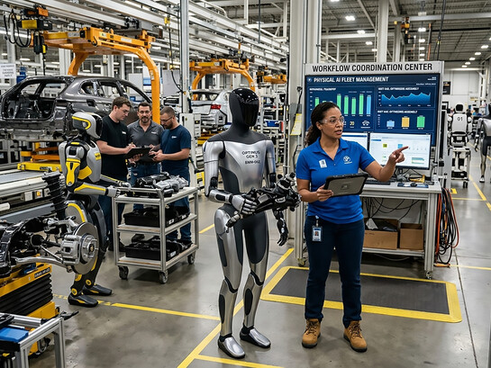 The dawn of the hybrid workforce: A manager orchestrates a seamless flow between human expertise and humanoid precision on a high-tech factory floor in 2026