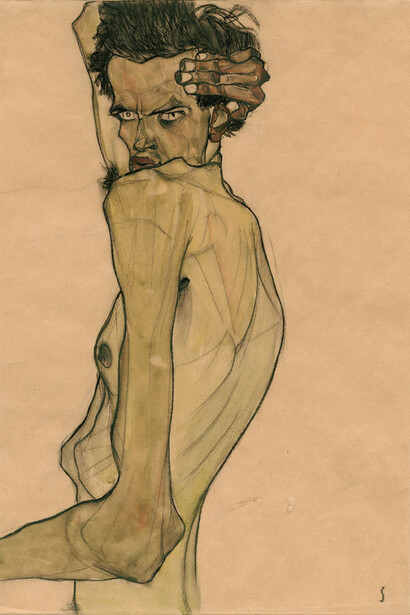 Egon Schiele (1890-1918), Self-Portrait with Arm Twisted above Head, 1910, Watercolor and charcoal, Private Collection