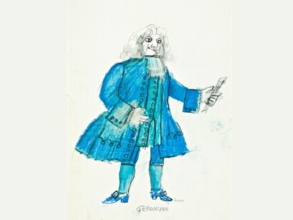 Emanuele Luzzati, bozzetti di costumi per “Il matrimonio segreto” di Domenico Cimarosa: Geronimo. Matita, pastello e tempera su carta, 1981. Regia di Massimo Scaglione, produzione del Teatro Regio di Torino
