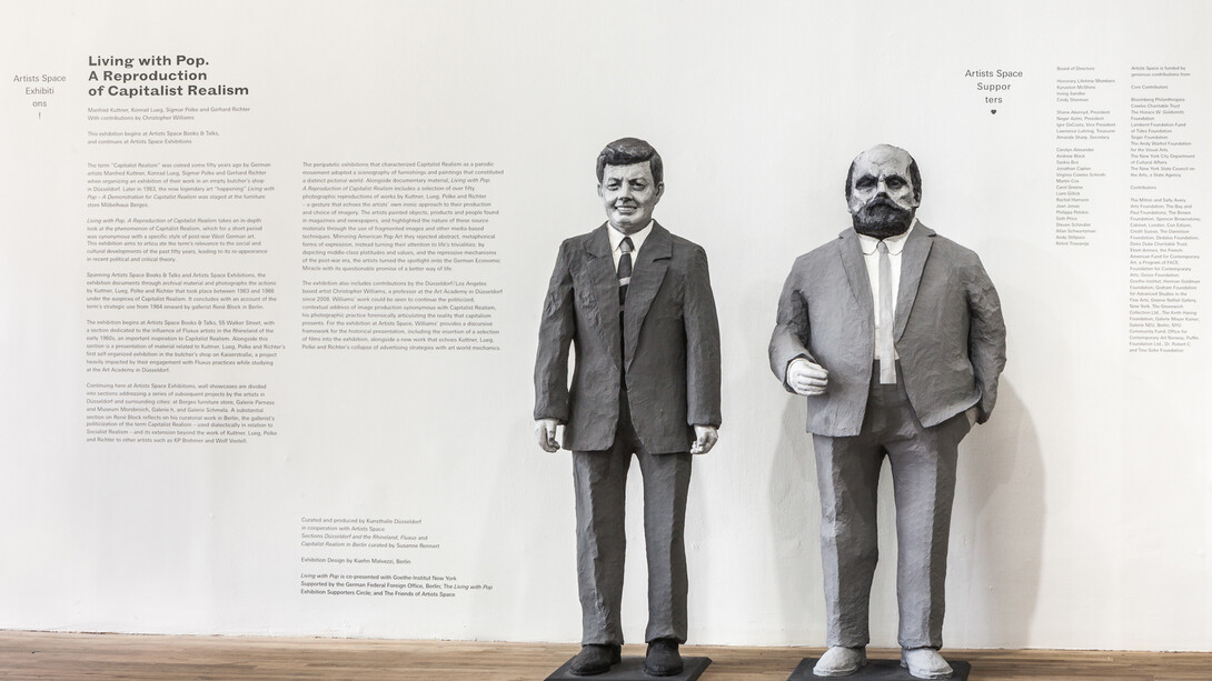 Installation view from Living with Pop. A Reproduction of Capitalist Realism, Artists Space, 2014. Reproductions of papier-mâché figures depicting John F. Kennedy and gallerist Alfred Schmela, originally exhibited at Leben mit Pop - Eine Demonstration für den kapitalistischen Realismus, 1963 / 2013 (Living with Pop – A Demonstration for Capitalist Realism)