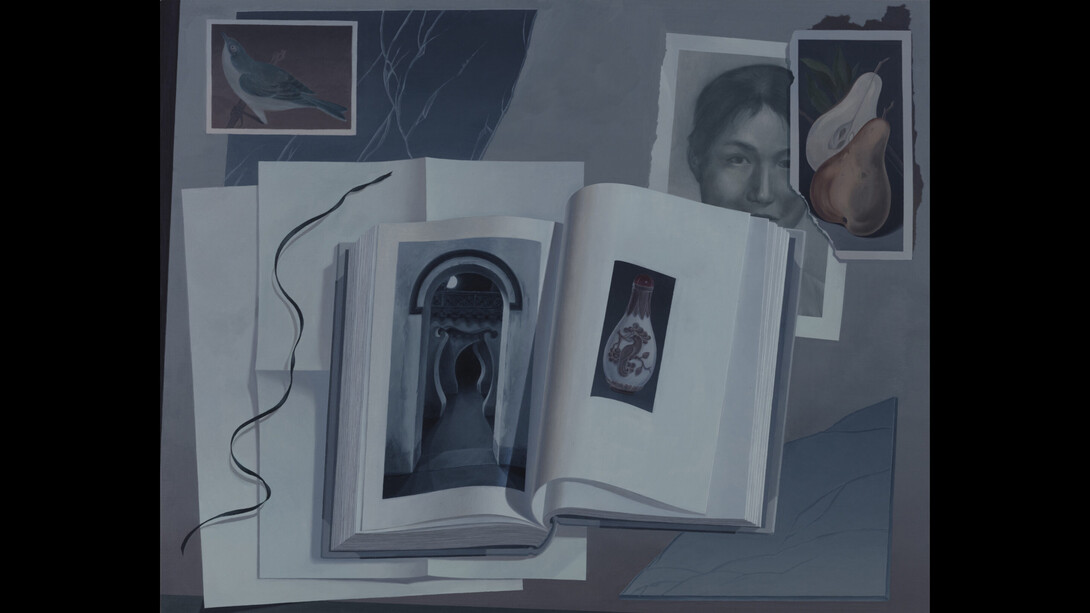 Olivia Jia, Night reading (garden path, a pear halved, portrait of my mother, two birds). Courtesy of the artist and Margot Samel Gallery