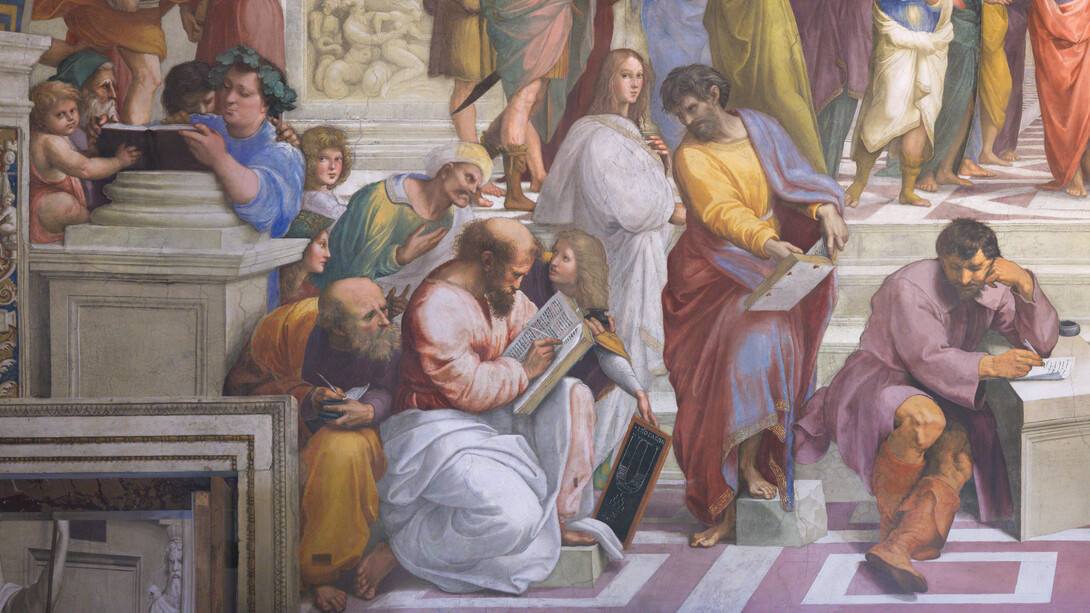 Rafael Sanzio, Escuela de Atenas (detalle). La filosofía de los números plantea una estructura conceptual compleja y sin límites definidos, tanto en origen como en fin, que se despliega en un universo simbólico y matemático