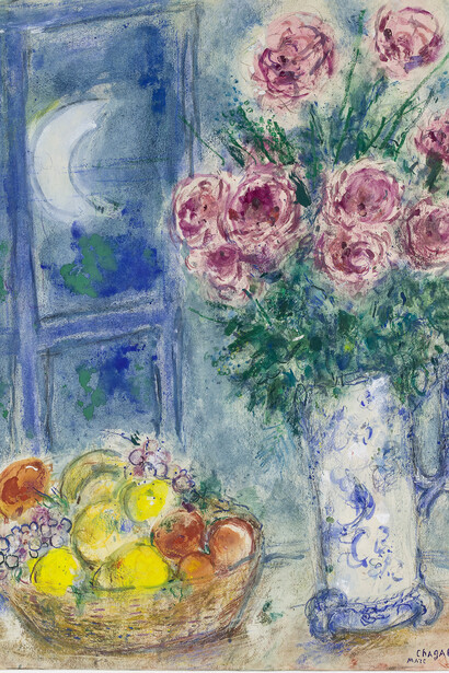 Marc Chagall, Untitled (Still life with fruit and flowers) – Gouache, watercolor, and wax crayons on paper, 1956/57,  70,8 x 54 cm, Gift from Victor e Anne-Marie Loeb, Bern, Switzerland, © Chagall ® by SIAE 2015