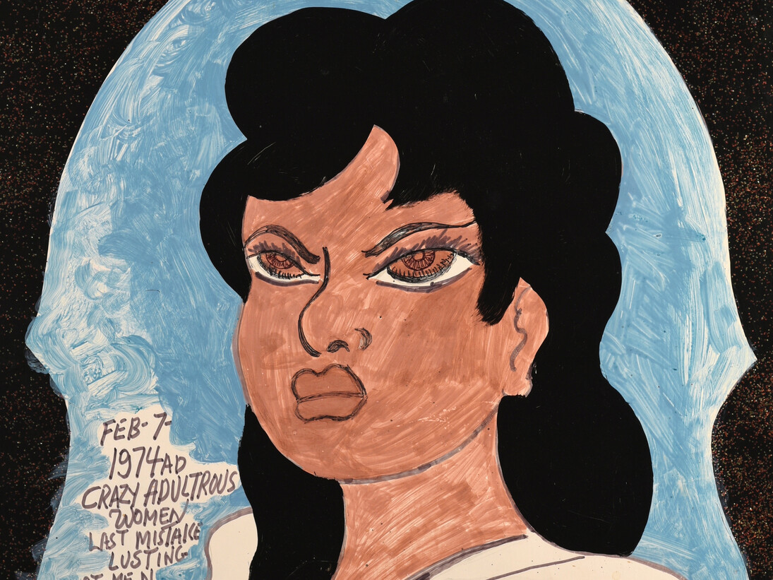 Prophet Royal Robertson
"I Seen My Soul Did Journey Away", 1991 (PRR/P 080)
felt-tip-pen, ball point pen, enamel paint, acrylic and glitter on poster board /
Filzstift, Kugelschreiber, Emailelack, Acryl und Gritzer auf Plakatpappe
71 x 56 cm

Courtesy Delmes & Zander, Cologne/ Berlin
