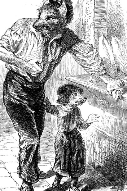 "El hambre echó al lobo del bosque", ilustración del libro "Cien proverbios", J. J. Grandville, 1845