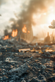 A single flower pushing through broken ground, reflecting hope in the aftermath of destruction