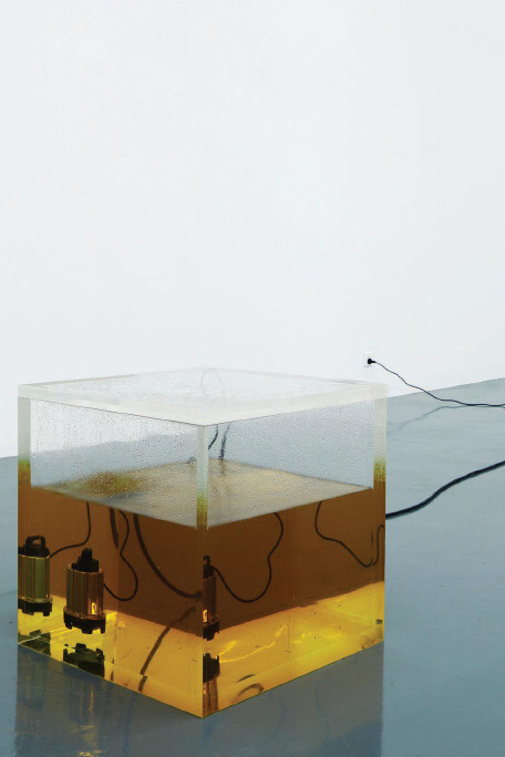 Ran Huang, License, and a Looped Promise, 2012, Acrylic Tank, Oil, Electronic Water Pump, 60 x 60 x 60 cm, Installation View, Disruptive Desires, Tranquillity and the Loss of Lucidity, Long March Space, Beijing, China, 2012