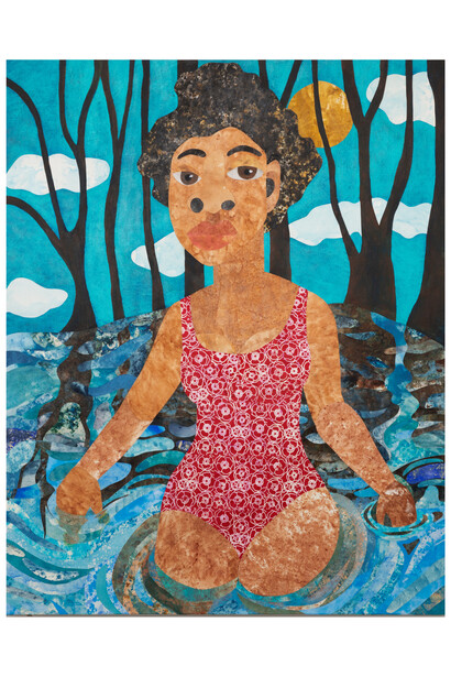 Evita Tezeno, Beyond the Path There is a New Birth, 2023, acrylic and mixed media collage on canvas, 60x48 inches. Courtesy of the artist and Luis De Jesus, LA