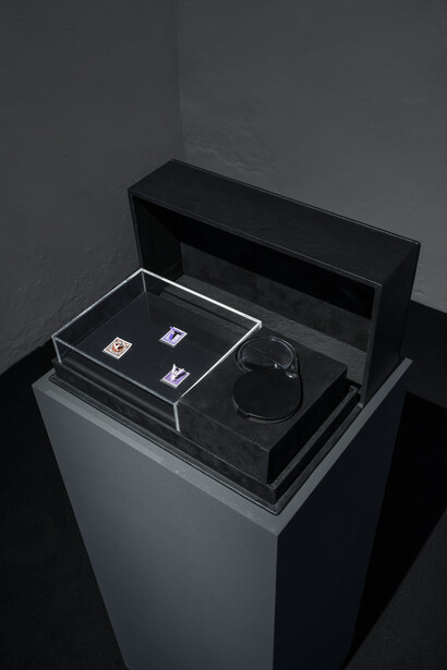 Vuelos endémicos II (4) / Endemic flights II (4) 
2016, Installation, Three hand cut stamps: one old stamp United States Postage 1942, one old stamp Third Reich 1938, one recreation of the Basel Dove Stamp 2016, methacrylate, wood, magnifying glass, leather and velvet box, 18 x 33.7 x 9.3 cm (closed). Courtesy Galleria Continua, San Gimignano / Beijing / Les Moulins / Habana
Ph Ela Bialkowska, OKNO studio