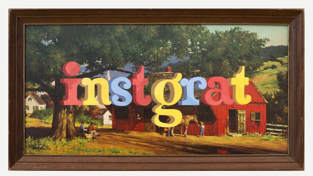 Wayne White, Instgrat, 2014, Acrylic on offset lithograph, 14 x 26 inches