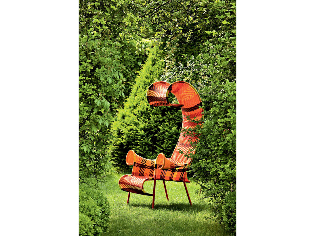 Tord Boontje, Shadowy Chair, 2009, Designed for Moroso, made in Senegal, Durable nylon cord and tubular steel frame, 41 1/4"W x 35 1/2"D x 63"H; seat is 12 1/4”H
