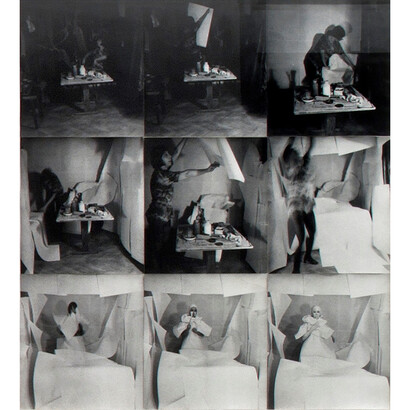 Geta Brătescu, born 1926, Towards White 1975, Action, 9 photographs, 945 x 945 mm © Ivan Gallery, Bucharest and Galerie Barbara Weiss, Berlin. Photo: Stefan Sava
