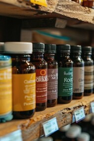 Health and wellness supplements arranged on display shelves