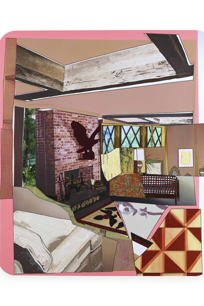 Mickalene Thomas, Interior: Fireplace with Blackbird, 2015, Strass, acrylique, émail et sérigrapahie sur panneau de bois, Rhinestones, acrylic, oil, enamel paint and silk screen on wood panel, 243,84 x 201,93 cm, Courtesy Mickalene Thomas & Galerie Nathalie Obadia Paris/Bruxelles. Copyright: Mickalene Thomas Studio