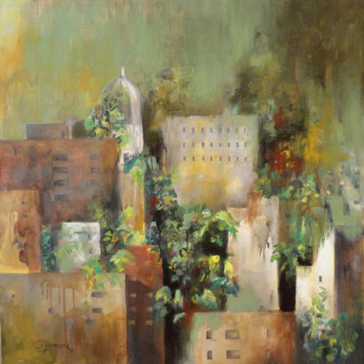 Silvia Grandela, Jardines Urbanos, Oil & Enamel on Canvas, 31.5" x 31.5"