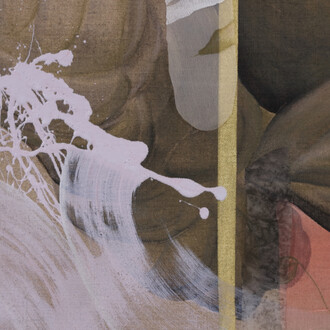 Lien Truong, A Namesake beyond beautiful, 2023 (detail). Oil, acrylic and copper pigment on canvas, linen, wood panel, and silk; printed chiffon, 106x103.25 inches. Image courtesy of the artist and UTA Artist Space