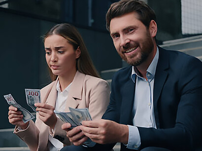 In a city setting, a smiling businessman counts his earnings while a concerned businesswoman reflects the injustice of unequal pay