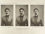 Three photos in a series showing Early animated picture by John Arthur Roebuck Rudge depicting the face of William Friese-G a hysterical woman yawning