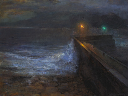 Meave McCarthy RHA, Pier Lights, Tempera and oil on gesso panel, 30 x 40 cm, Image courtesy of the artist