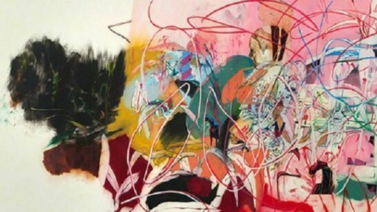 Elliot Hundley, face and form, 2013, Oil paint and paper on linen, 80 x 142 x 2 1/8 inches (203.2 x 360.7 x 5.4 cm)