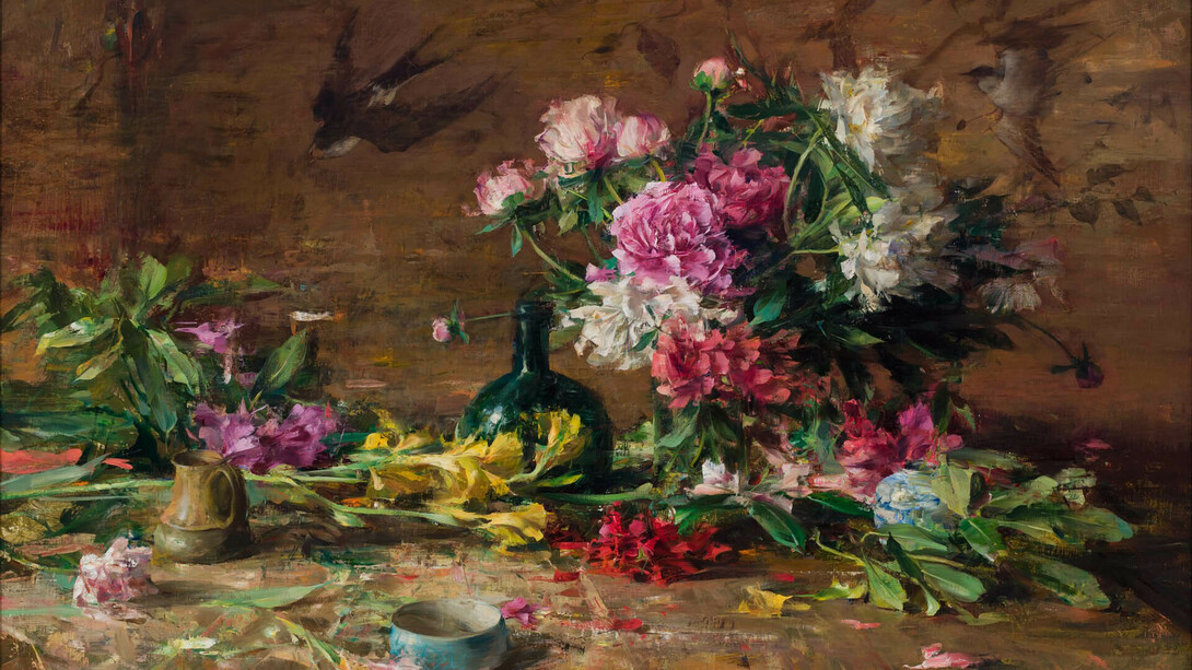 Quang Ho, Arrangement with peonies and japanese tapestry, 2024. Courtesy of Gallery 1261