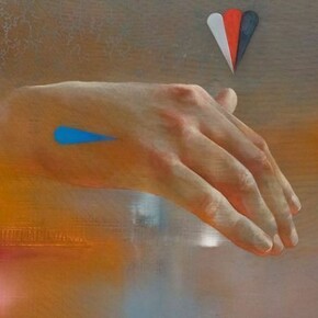 Aaron Holz, Hand (for Horace Greeley) 1-13 (13), oil, acrylic & resin on panel; reclaimed wood, 19.5” x 21”