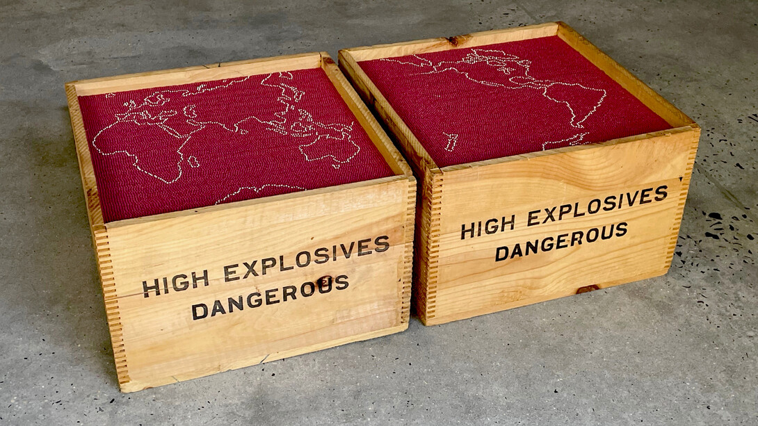 John Salvest, Strike Anywhere, 2022, wood, red and white-tipped matches, 10x30x15 inches.Courtesy of David Lusk Gallery 