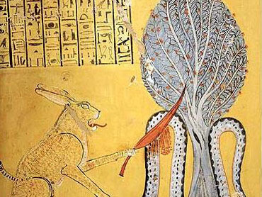 Ra derrota a Apofis, se oculta y surge con todo su esplendor Neftis, diosa de la oscuridad y de la noche. El dios del sol Ra, en forma de Miuty, el «Gran Gato de Heliópolis», hiriendo a la serpiente Apofis