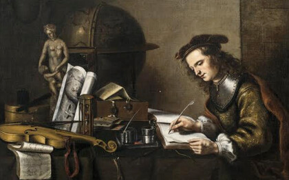 Christian van Donck (siglo XV). «Joven escribiendo en una mesa cubierta con un mantel, junto a un globo terráqueo, una estatua, un violín, un reloj de arena, naipes, un libro, tinteros, un documento y otros objetos», óleo sobre lienzo, hacia 1653. Lawrence Steigrad Fine Arts, Nueva York, EE.UU.
