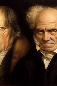 Two titans of philosophy—Hegel and Schopenhauer—captured side by side, embodying the tension between reason’s promise and the raw force of the will