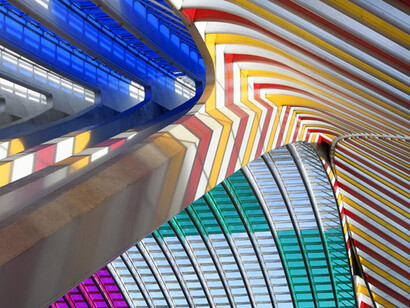 Daniel Buren, Comme tombées du ciel, les couleurs in situ et en mouvement, Liège-Guillemins railway station, Liège, Belgium, Uhoda Group. Artistic coordination Joël Benzakin, photography © J-L Deru. Courtesy of designboom