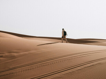 A lone silhouette moving through an endless desert, surrounded by a wide, untamed wilderness