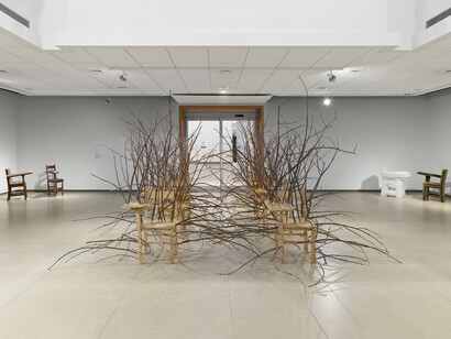 Hugh Hayden, Home work, exhibition view. Courtesy of Rose Art Museum