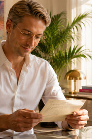 A man smiling as he reads a handwritten letter, representing the joy found in personal correspondence